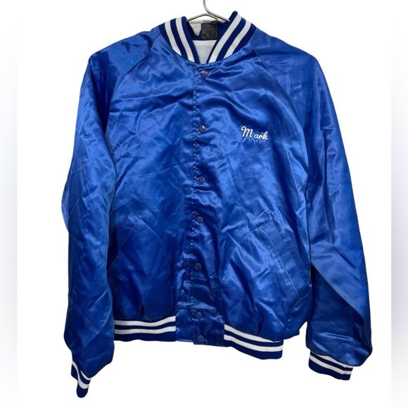 Vintage Blue Satin Starlite Bowl RENO NV Bowling Alley MARK Men’s L Jacket NICE - Picture 2 of 5